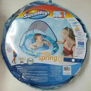 SwimWays Baby Spring Float Sun Canopy Blue Fish Ages 9-24 Months 50+ UPF